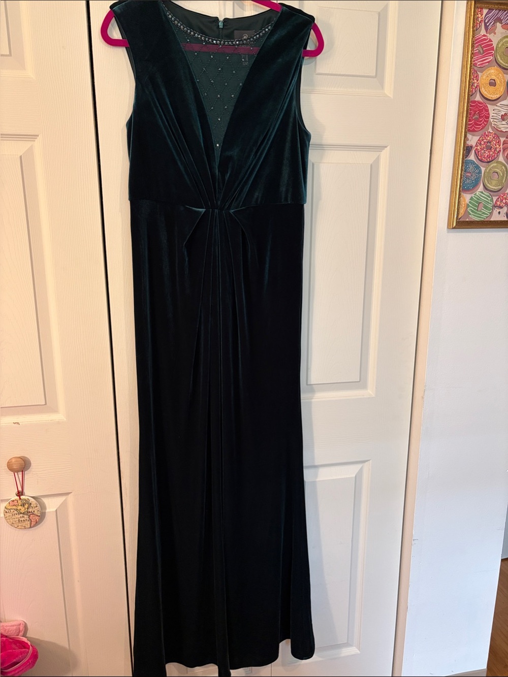 Adrianna Papell Dark Green Velvet Maxi Dress with Sheer Beaded V-Neck